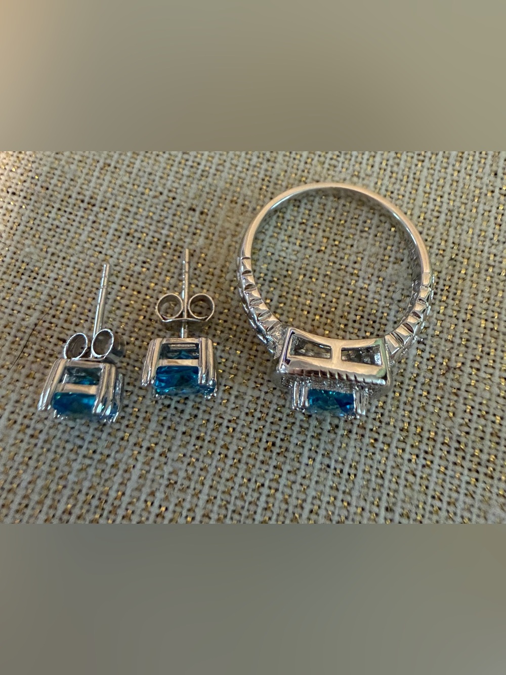 Sterling Silver Blue Topaz Halo Ring and Stud Earrings Set - Picture 3 of 5